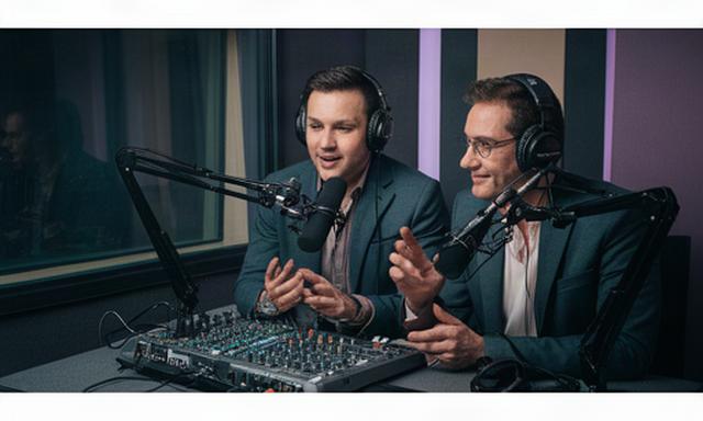 専門家二人が音声収録ブースで対談し、ミキサーを確認している様子