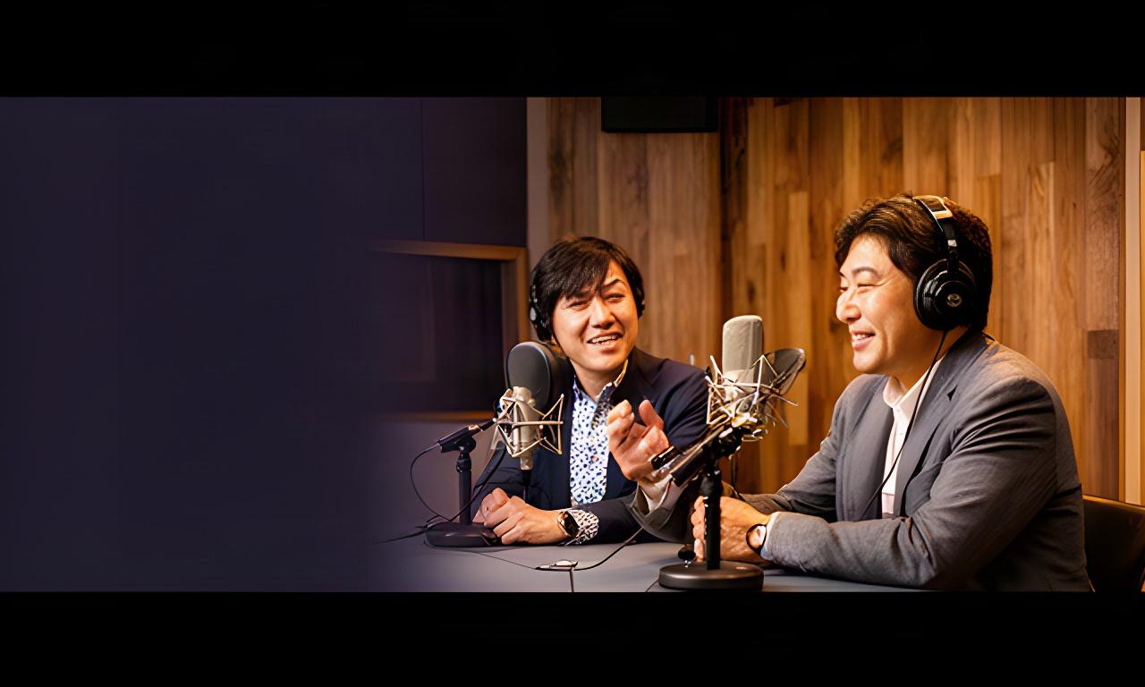 木目の収録スタジオで社長がマイクに向かい、インタビュアーと対話している様子