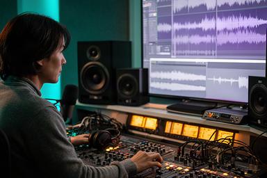 音響機器の前で波形と音量を確認するポッドキャストエンジニア