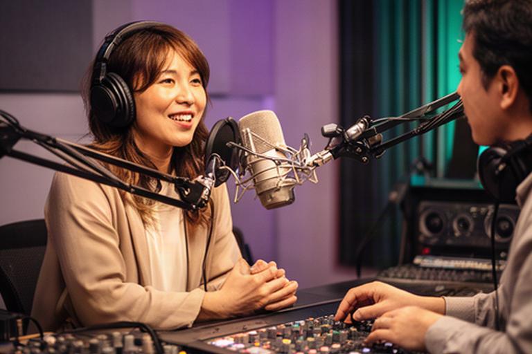 銚子市のポッドキャスト収録スタジオでマイクに向かう出演者と操作卓